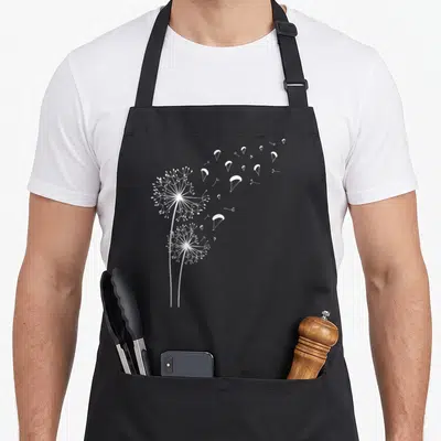 Tablier de cuisine noir avec une illustration blanche d'une pissenlit dont les graines deviennent des parachutes.