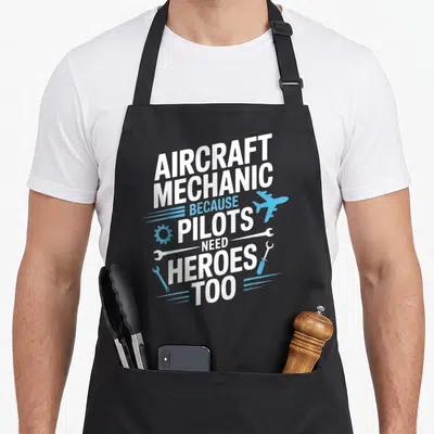 Tablier de cuisine noir avec inscription mécanicien d'avion et illustrations d'outils aéronautiques en blanc et bleu.