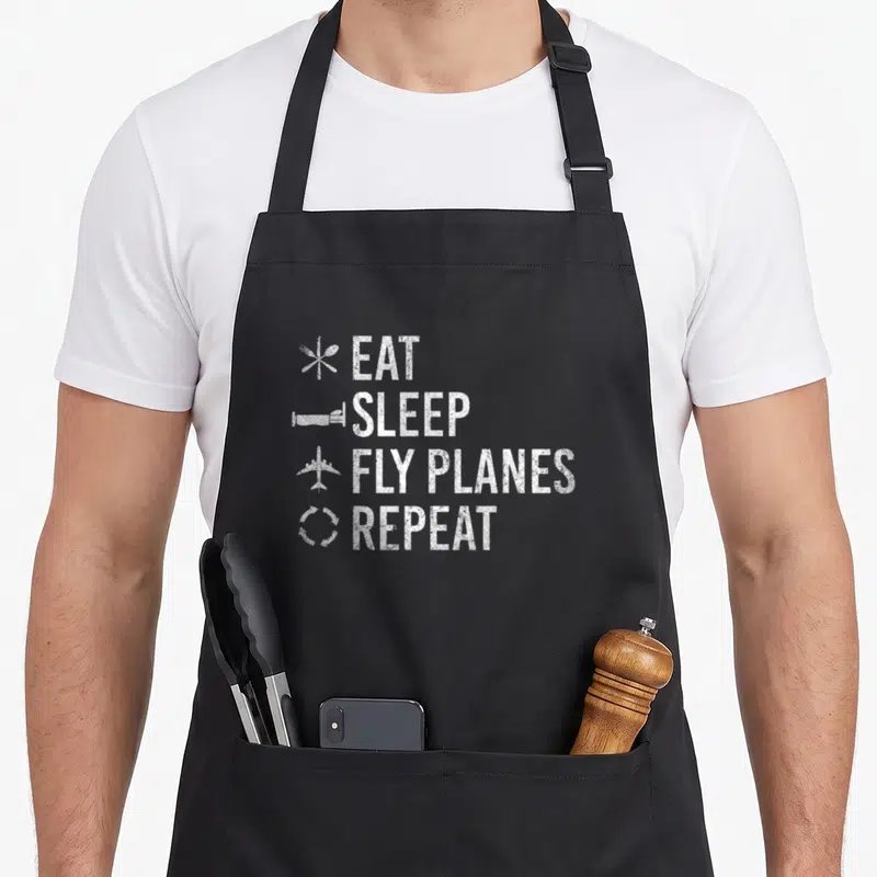 Tablier de cuisine noir avec le texte blanc Eat Sleep Fly Planes Repeat et des icônes d'avion, de lit et de hélice.