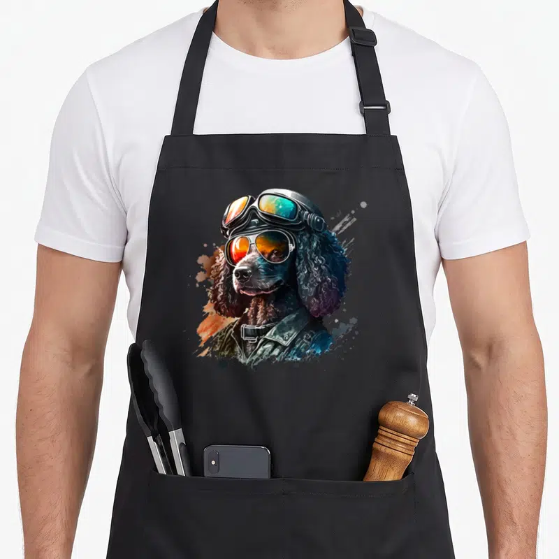 Tablier de cuisine noir avec illustration d'un caniche noir portant des lunettes de soleil et un casque de pilote vintage.