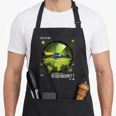 Tablier de cuisine noir avec illustration d'un avion Me 109 sur écran de radar vert et texte Messerschmitt BF 109
