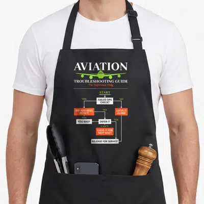 Tablier de cuisine noir avec un diagramme de flux humoristique sur l'aviation et les procédures de dépannage.