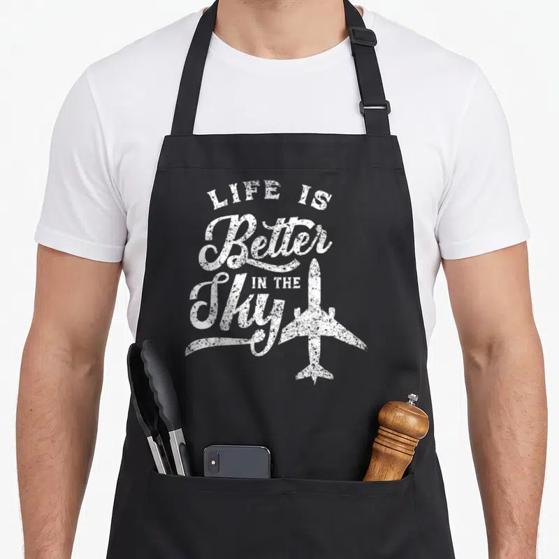 Tablier de cuisine noir avec inscription Life Is Better In The Sky et silhouette d'avion blanc vintage.
