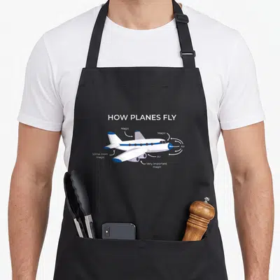 Tablier de cuisine noir avec illustration d'avion blanc et texte How Planes Fly expliquant le vol par la magie.