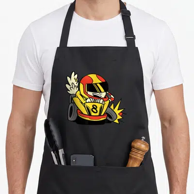 Tablier de cuisine noir avec illustration d'un pilote de karting en casque jaune et rouge au volant du numéro 8.