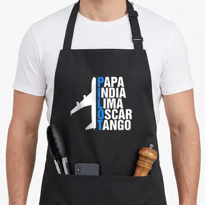 Tablier de cuisine noir avec silhouette d'avion blanc et texte Papa India Lima Oscar Tango en bleu et blanc
