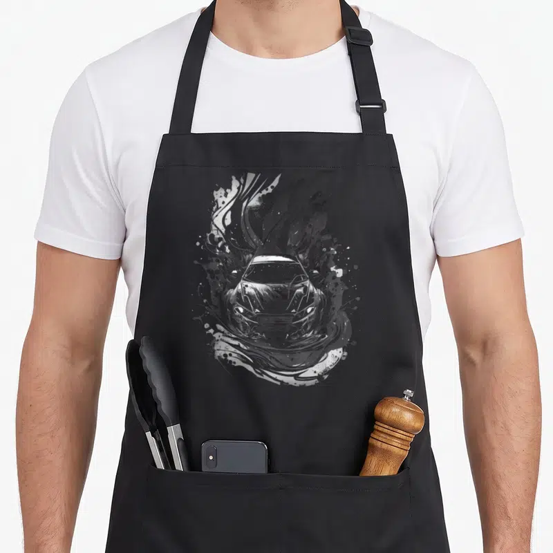 Tablier de cuisine noir avec une illustration artistique monochrome représentant une voiture de sport dynamique au centre du motif imprimé.