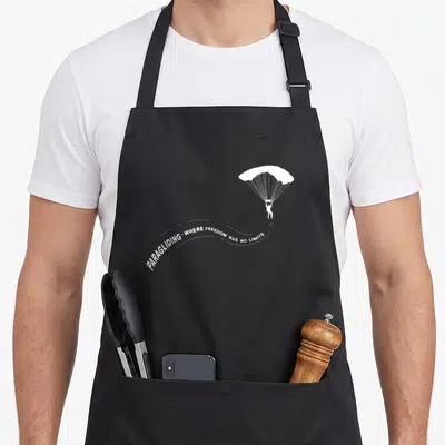 Tablier de cuisine noir avec silhouette blanche de parapentiste et trajectoire sinueuse portant un texte en anglais.