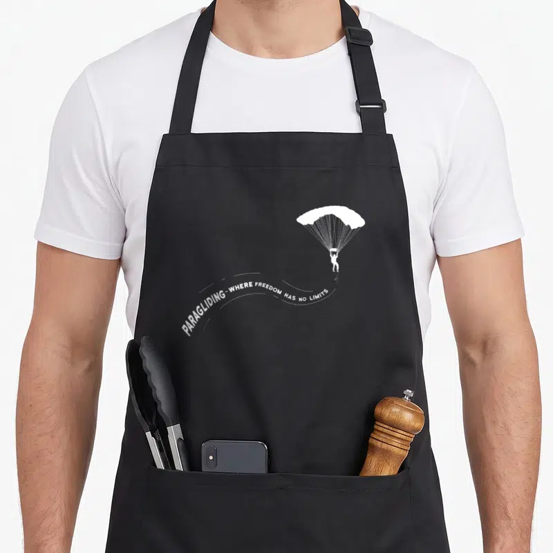 Tablier de cuisine noir avec silhouette blanche de parapentiste et trajectoire sinueuse portant un texte en anglais.