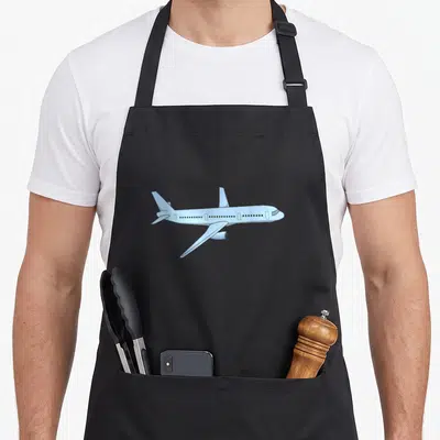 Tablier de cuisine noir avec illustration latérale d'un avion de ligne à réaction bleu clair sur fond uni.