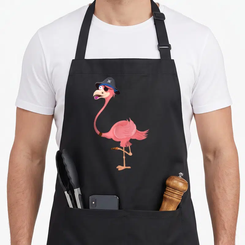 Tablier de cuisine noir avec un flamant rose pirate au chapeau noir et œil de pirate, illustration colorée sur fond uni.