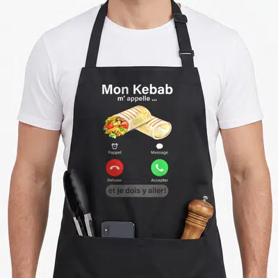 Tablier de cuisine noir avec illustration d'un kebab et interface d'appel téléphonique humoristique en français.