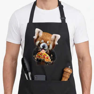 Tablier de cuisine noir avec un panda roux mangeant une tranche de pizza fondante et colorée.