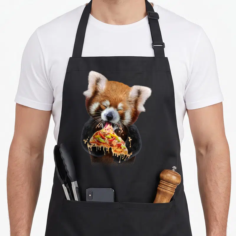 Tablier de cuisine noir avec un panda roux mangeant une tranche de pizza fondante et colorée.