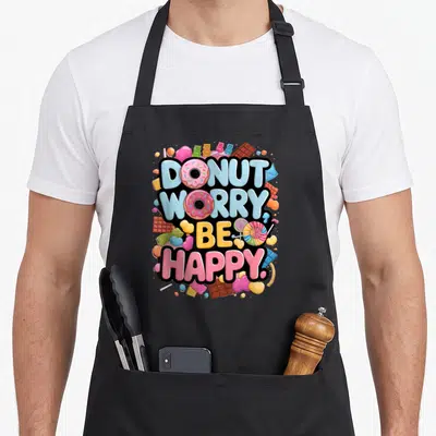 Tablier de cuisine noir avec inscription Donut Worry Be Happy entourée de beignets et bonbons colorés.