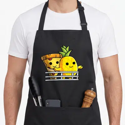 Tablier de cuisine noir avec une slice de pizza et un ananas souriants à la rampe d'un navire en dessin animé.