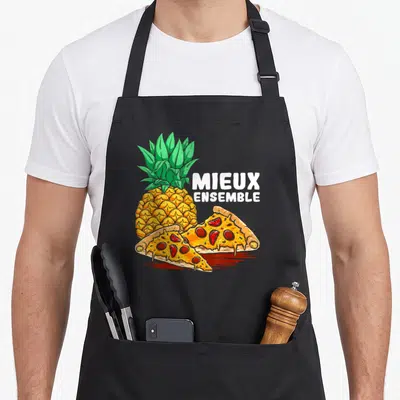 Tablier de cuisine noir avec un ananas, deux tranches de pizza et le texte MIEUX ENSEMBLE imprimé en blanc.