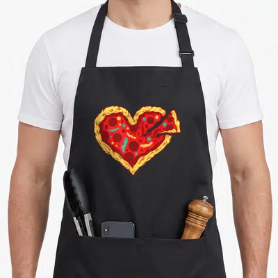 Tablier de cuisine noir avec illustration d'un cœur pizza coloré et d'une part détachée sur fond uni.