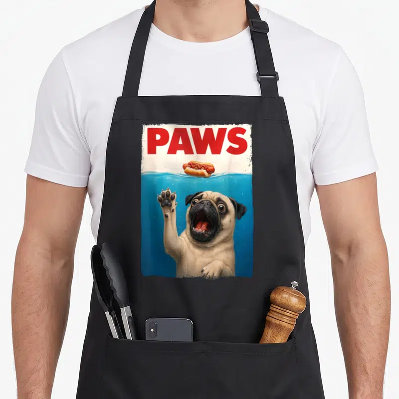 Tablier de cuisine noir avec illustration d'un carlin sous l'eau tendant une patte vers un hot-dog et le mot PAWS en rouge.