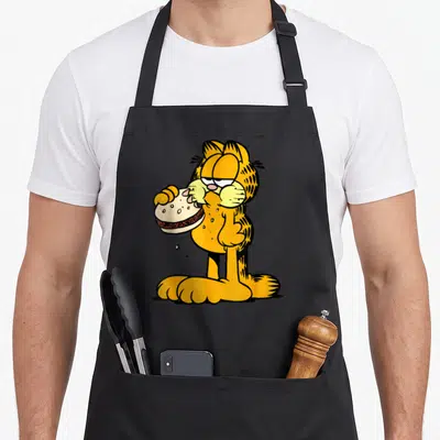 Tablier de cuisine noir avec illustration colorée d'un chat orange tenant un hamburger entre ses pattes.