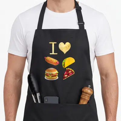 Tablier de cuisine noir avec I love burger, hot-dog, tacos et pizza dorés.
