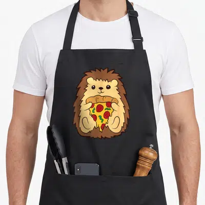 Tablier de cuisine noir avec illustration d'un hérisson tenant une tranche de pizza aux tomates et herbes.
