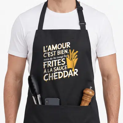 Tablier de cuisine noir avec inscription humoristique sur les frites au cheddar et sauce jaune qui coule.