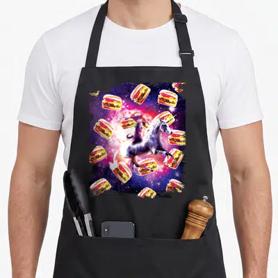 Tablier de cuisine noir avec un chat sur licorne volant parmi des burgers dans un univers spatial coloré.