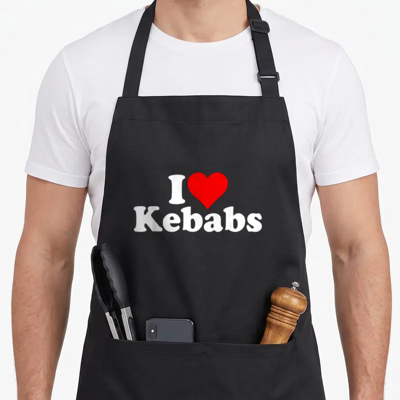Tablier de cuisine noir avec l'inscription I Love Kebabs en blanc et un cœur rouge au centre du design imprimé.
