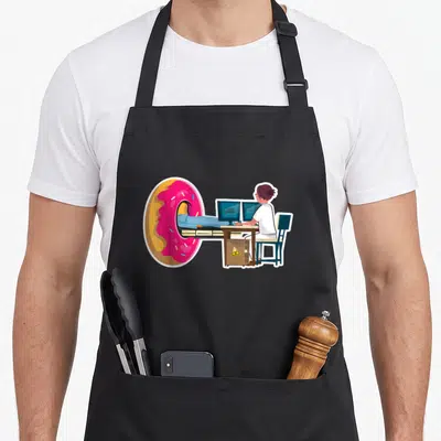 Tablier de cuisine noir avec illustration d'un donut rose servant de machine à IRM pour un radiologue assis à son poste.