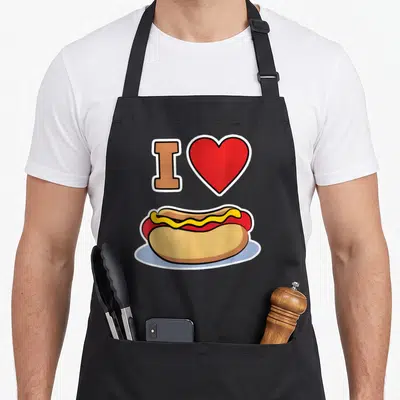 Tablier de cuisine noir avec illustration d'un hot-dog, d'un cœur rouge et de la lettre I en marron.