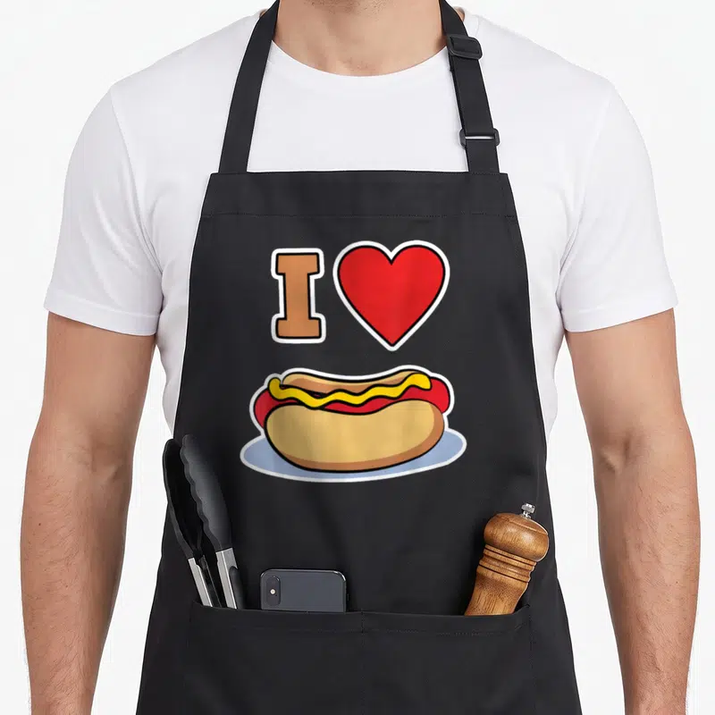Tablier de cuisine noir avec illustration d'un hot-dog, d'un cœur rouge et de la lettre I en marron.