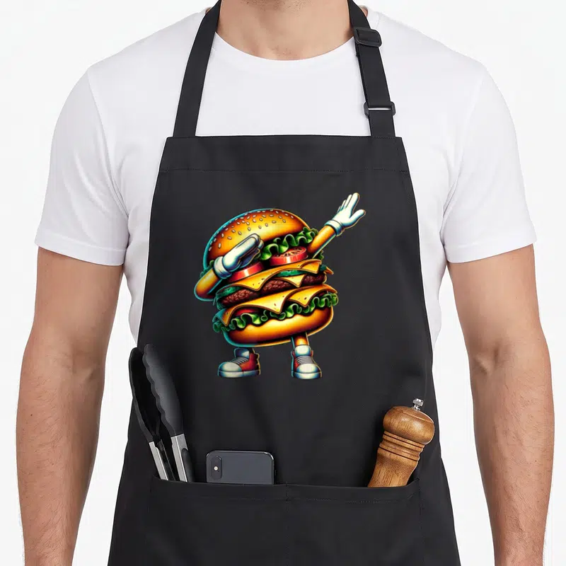 Tablier de cuisine noir avec un burger anthropomorphe effectuant la pose dab en couleur vive.