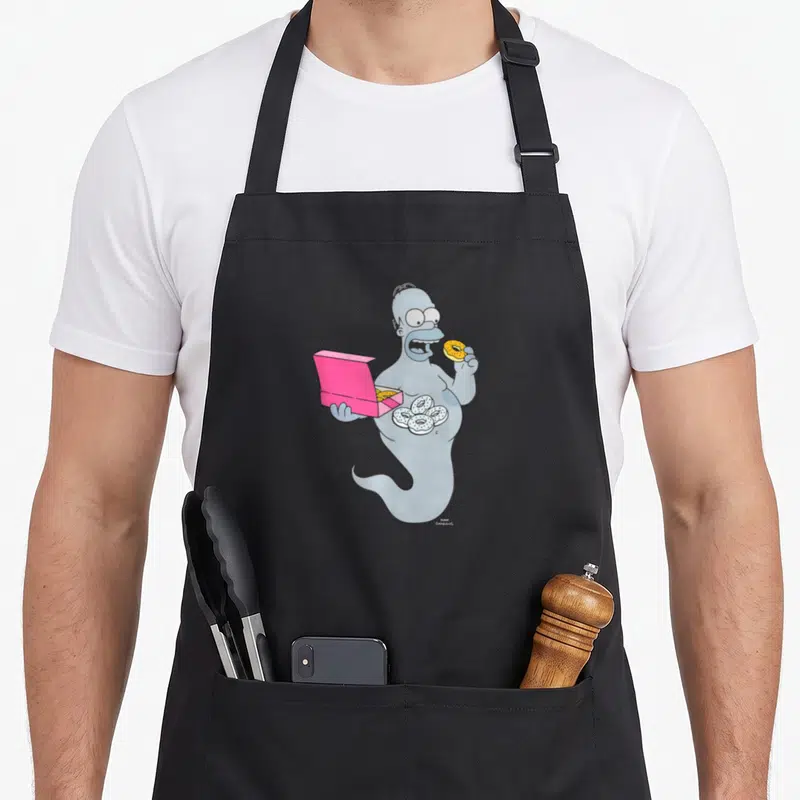 Tablier de cuisine noir avec Homer Simson fantôme tenant une boîte rose de donuts jaunes et blancs.