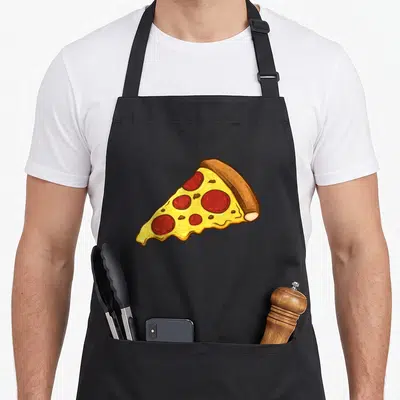 Tablier de cuisine noir avec illustration colorée d'une tranche de pizza pepperoni au fromage coulant.
