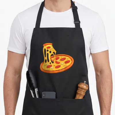 Tablier de cuisine noir avec une illustration colorée d'une part de pizza au fromage étiré et des garnitures appetantes.