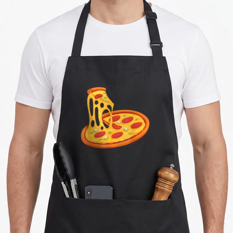 Tablier de cuisine noir avec une illustration colorée d'une part de pizza au fromage étiré et des garnitures appetantes.
