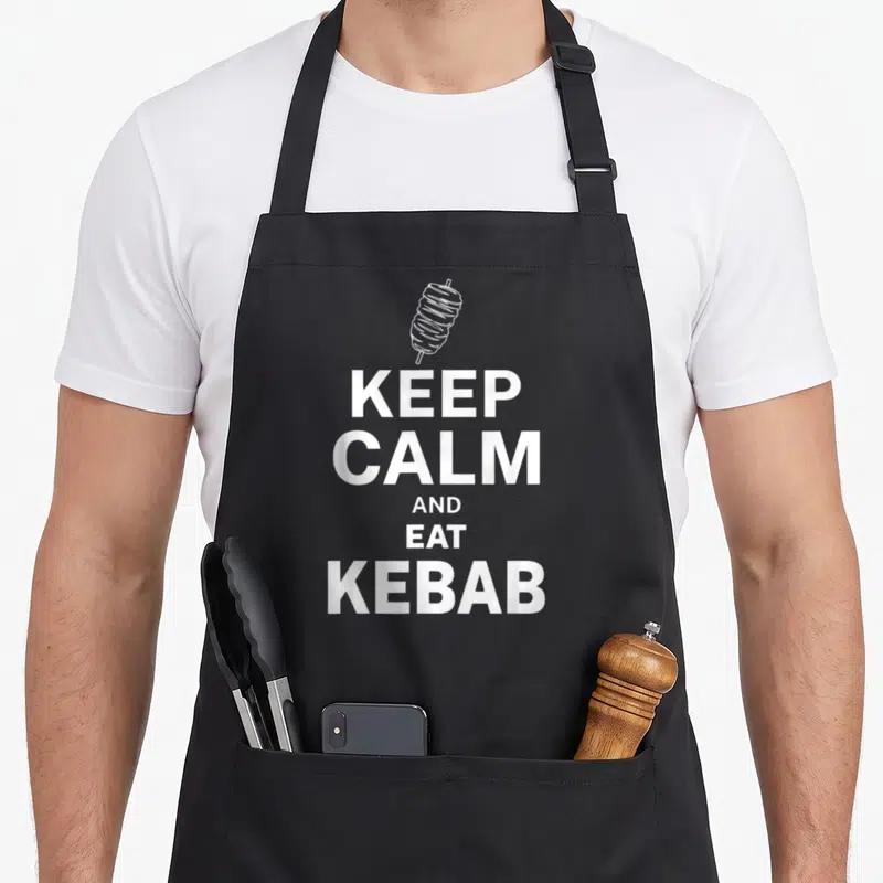 Tablier de cuisine noir avec une illustration de broche à kebab et le texte Keep Calm And Eat Kebab en blanc.