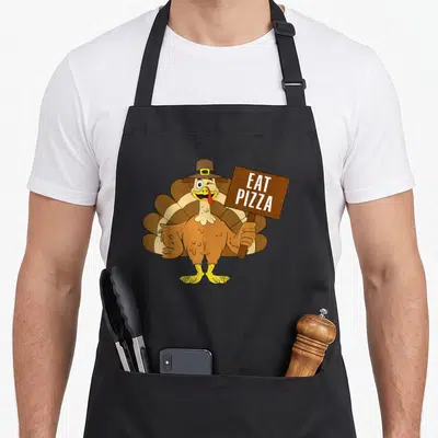 Tablier de cuisine noir avec illustration dindon chapeau pancarte EAT PIZZA marron