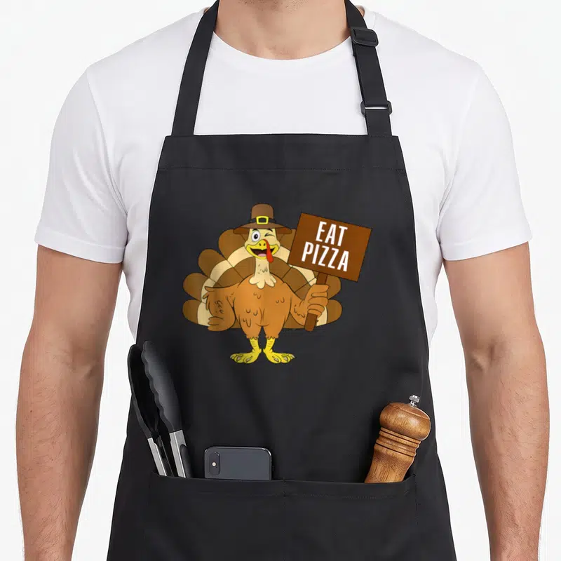 Tablier de cuisine noir avec illustration dindon chapeau pancarte EAT PIZZA marron
