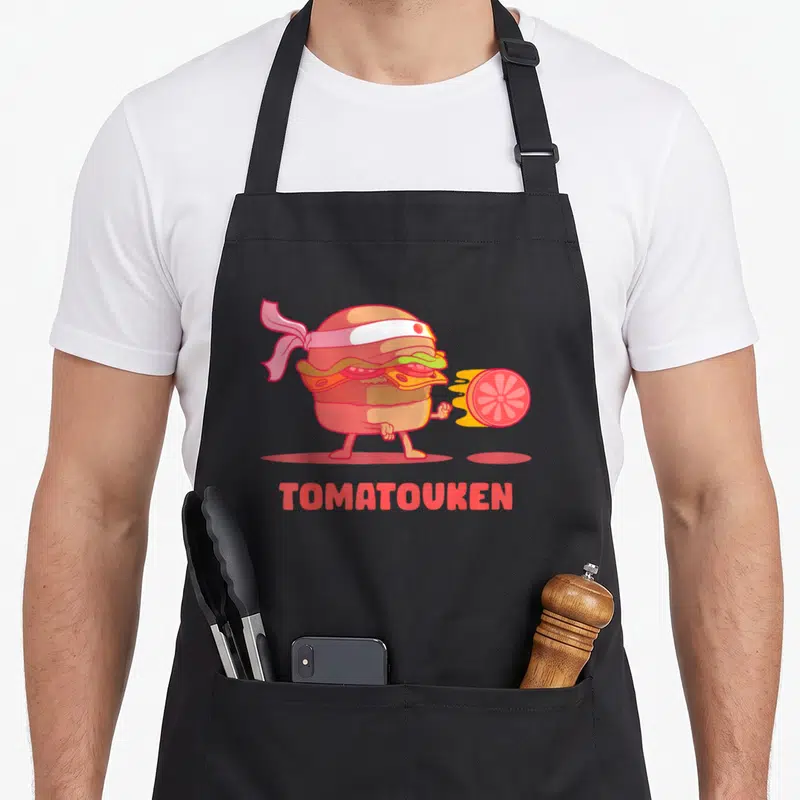 Tablier de cuisine noir avec un burger ninja tirant une boule de tomate nommée Tomatouken