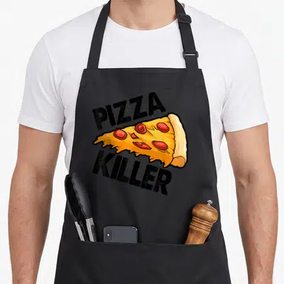 Tablier de cuisine noir avec une tranche de pizza pepperoni et le texte Pizza Killer en lettres noires texturées.