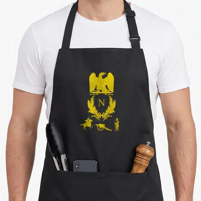 Tablier de cuisine noir avec emblème doré représentant un aigle, une couronne de laureant un N et des soldats.