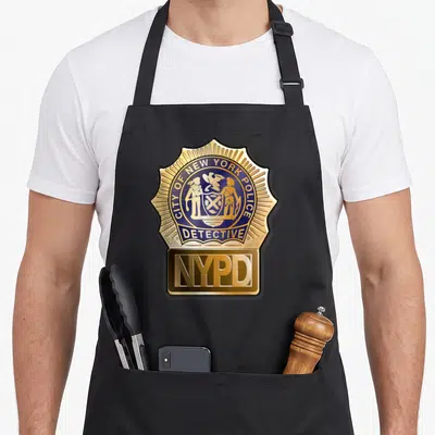 Tablier de cuisine noir avec le badge détective NYPD City of New Police en doré et bleu.