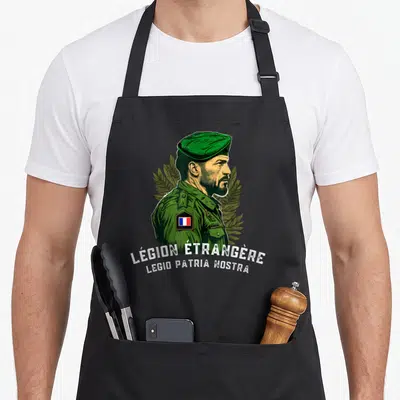 Tablier de cuisine noir avec illustration d'un soldat en béret vert et texte Légion Étrangère.