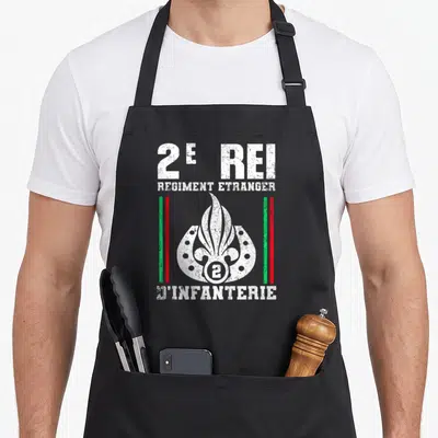 Tablier de cuisine noir avec le logo 2e Rei Regiment Etranger d'Infanterie en blanc et couleurs.
