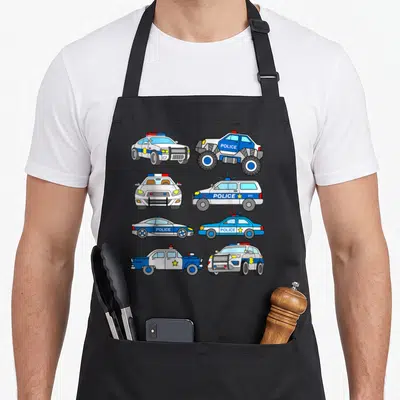 Tablier de cuisine noir avec illustration de voitures de police bleues blanches et véhicules 911 en style dessin animé.