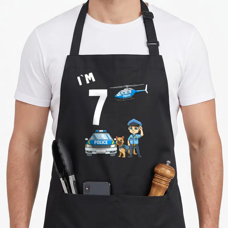 Tablier de cuisine noir avec illustration d'un agent de police, d'un chien, d'une voiture et d'un hélicoptère.