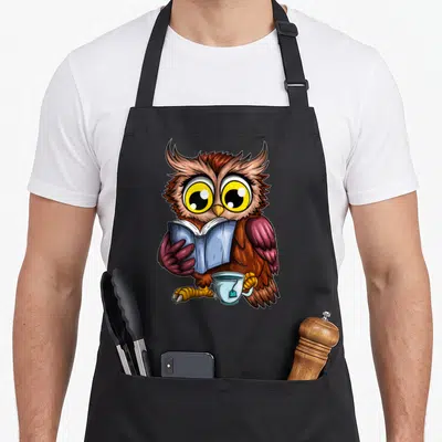 Tablier de cuisine noir avec une chouette marron lisant un livre bleu tenant une tasse de thé.