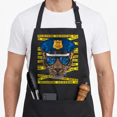 Tablier de cuisine noir avec tête de léopard portant une casquette de police et des lunettes de soleil bleues entourée de bandes jaunes.